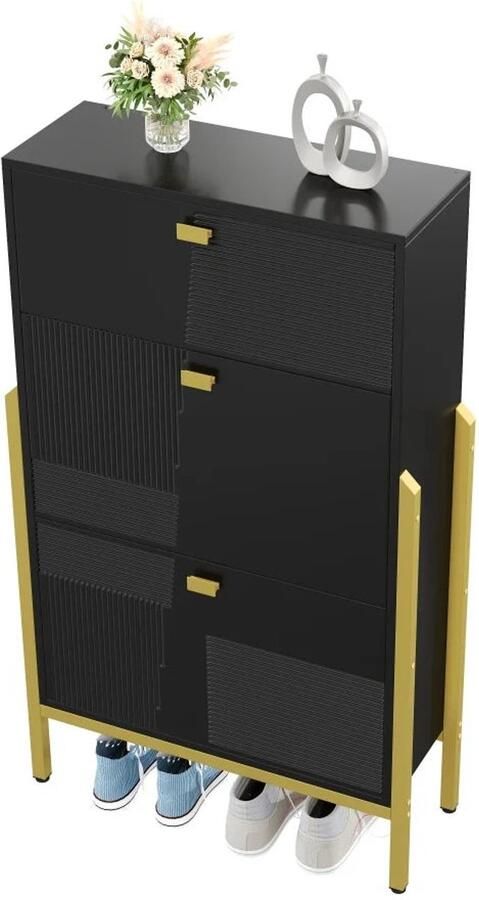 Corenia Schoenenrek – Schoenenkast – Opbergkast – Schoenrek – Schoenopberger – Dubbele Planken – Gouden Accenten 65 x 120 5 x 25 cm Zwart