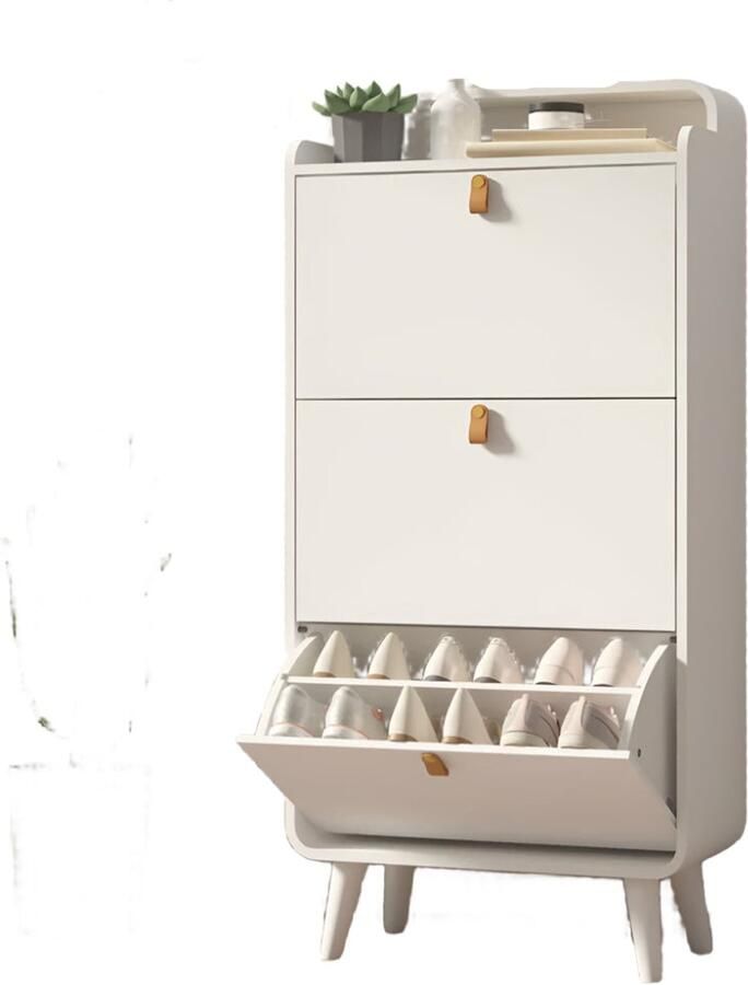 Corenia Schoenenrek – Smalle Schoenenkast – Schoenopberger – Schoenenkastje – 3 Uitklapbare Laden – Ruimtebesparend – MDF Met Houten Poten