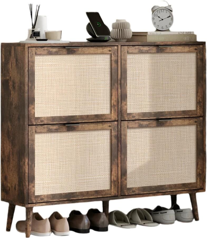 Corenia Schoenenrek – Vierdeurs Schoenenkast – Schoenenopberger – Schoenenmeubel – Ruimte Voor 16 Paar Schoenen – Engineered Rattan Afwerking 105 x 24 x 91 cm
