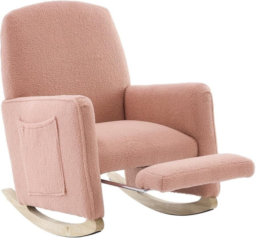 Corenia Schommelstoel – Relaxstoel – Loungefauteuil – Schommelstoel Met Voetenbank – Schommelstoel Indoor Roze – Hoge Rugleuning – Zachte Teddy Bekleding