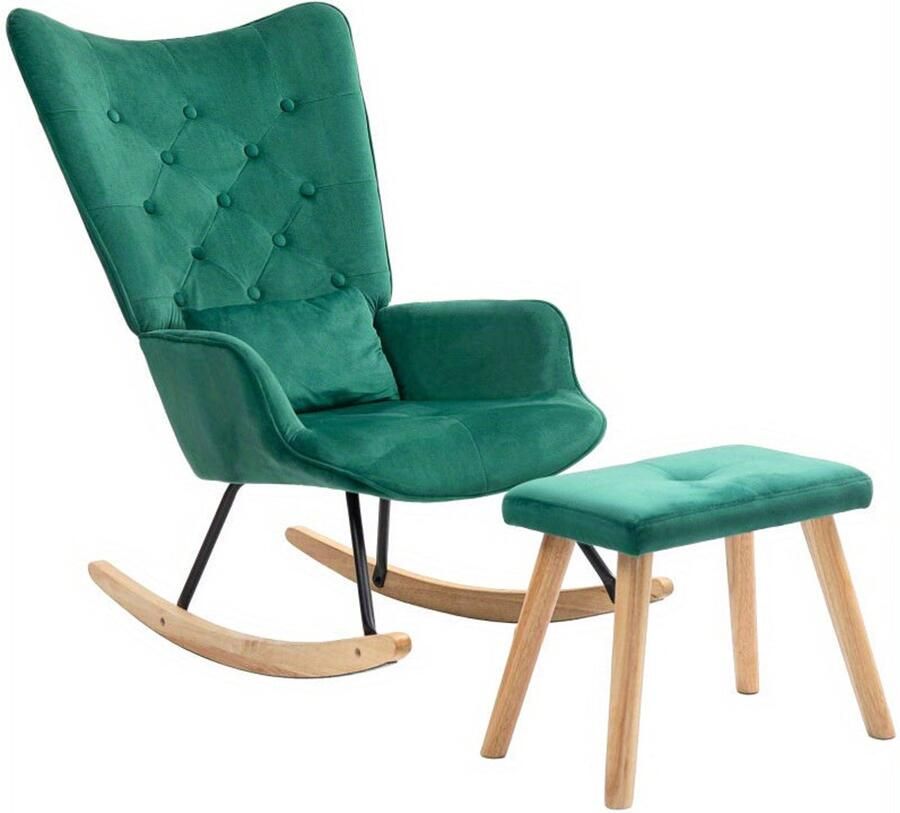 Corenia Schommelstoel – Relaxstoel – Schommelstoel Met Voetenbank – Lounge Stoel – Fauteuil – Groen – Fluwelen Bekleding – Houten Poten