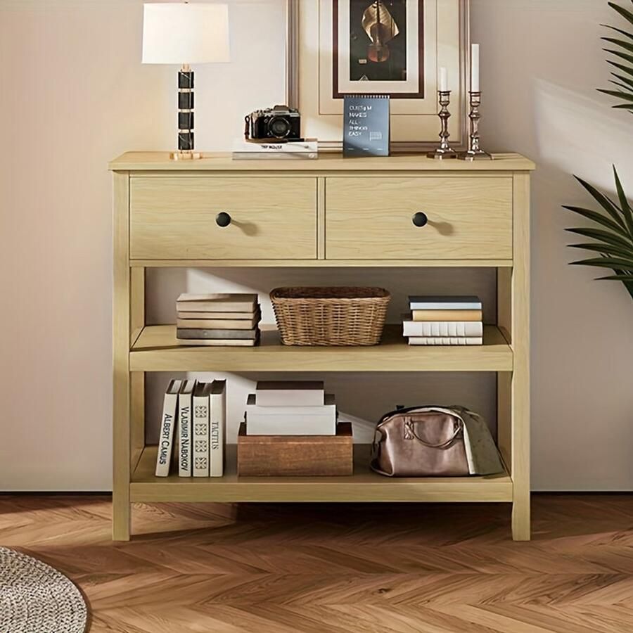 Corenia Sidetable – Consoletafel – Haltafel – Wandtafel – Bijzettafel – Natuurlijk Bamboe – Smal Design met 2 Lades en Open Planken – Duurzaam & Eenvoudig te Monteren
