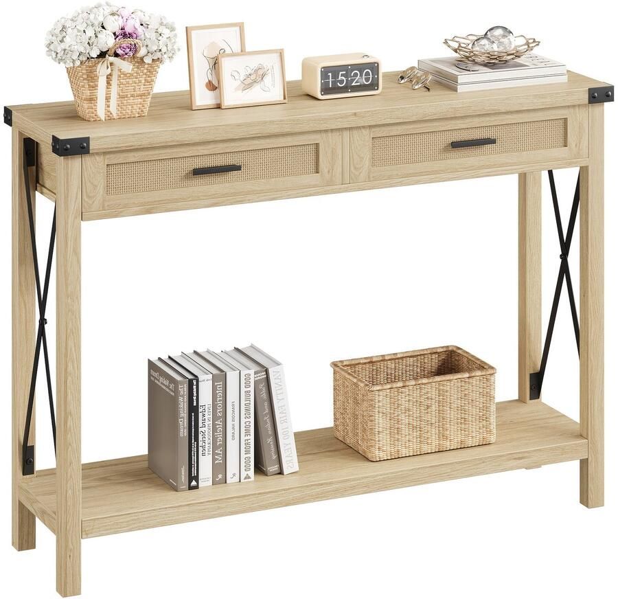 Corenia Sidetable – Consoletafel – Haltafel – Wandtafel – Bijzettafel – Smal ontwerp 118x78x37 cm – Hardhout en rattan