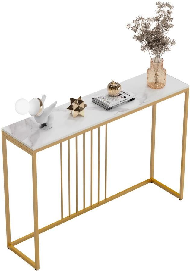 Corenia Sidetable – Consolle Tafel – Wandtafel – Haltafel – Dressoir – Wit Sintered Stone Blad – Gouden Metalen Frame – 120x30x79 cm – Krasbestendig & Onderhoudsvriendelijk