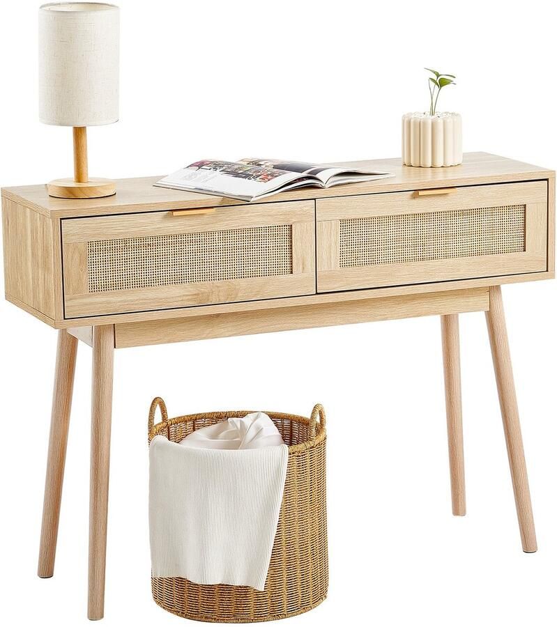 Corenia Sidetable – Wandtafel – Console – Haltafel – Bijzettafel – Natuurlijk Rattan – 2 Laden – Duurzaam MDF