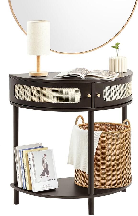 Corenia Sidetable – Wandtafel – Haltafel – Consoletafel – Bijzettafel – Zwart Rattan – Halve Maan Vorm – 2 Laden & Open Plank – Duurzaam MDF Onderstel