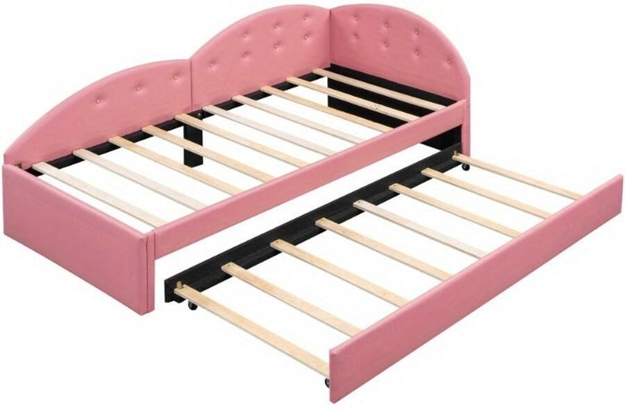 Corenia Slaapbank – Uitschuifbare Bedbank – Logeerbed – Bankbed – Bedbank 90x200 cm – Roze PU Leder – Modern Design – Handmatig Uitschuifbaar