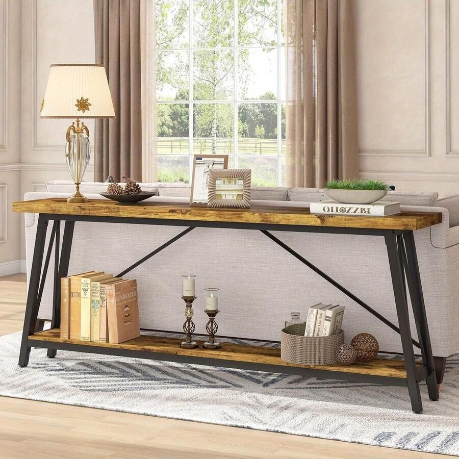 Corenia Sofa Tafel – Bijzettafel – Sidetable – Console Tafel – Haltafel – Extra Lang 180 cm – Industrieel Rustiek Bruin – Metalen Frame & Houten Blad – Ruimtebesparend Ontwerp