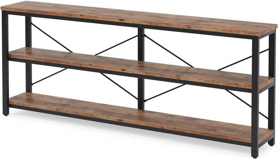 Corenia Sofa Tafel – Sidetable – Console Tafel – Opbergtafel – Haltafel – Rustiek Bruin – Extra Lang 180 cm – Metalen X-Frame – 3 Laags Opbergruimte – Verstelbare Voetjes