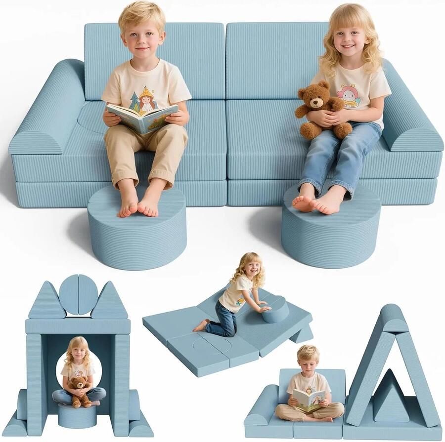 Corenia Speelgoedbank voor Kinderen – Speelbank Kids – Kinderzitbank – Modulaire Zitzak – Kindersofa – 14-delig Set – Wasbare Ribfluwelen Hoes