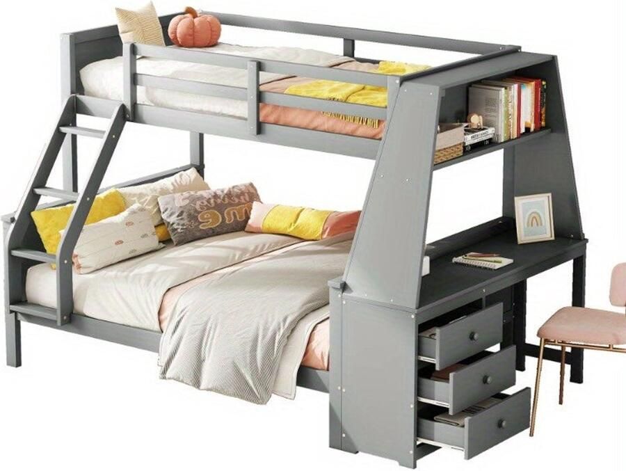 Corenia Stapelbed – Etagebed – Hoogslaper – Kinderbed – Slaapbank – Modern Grijs – Met Bureau en Opbergruimte – Veiligheidsreling – Ruimtebesparend Ontwerp