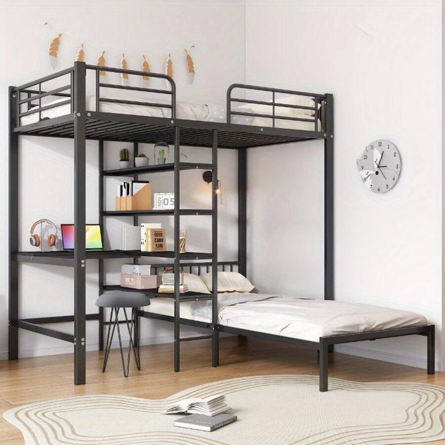 Corenia Stapelbed – Etagebed – Kinderbed – Hoogslaper – Kinderstapelbed – Met Bureau en Opbergruimte – Metalen Frame – 90x200 cm – Veiligheidshekken – Ladder – Zwart