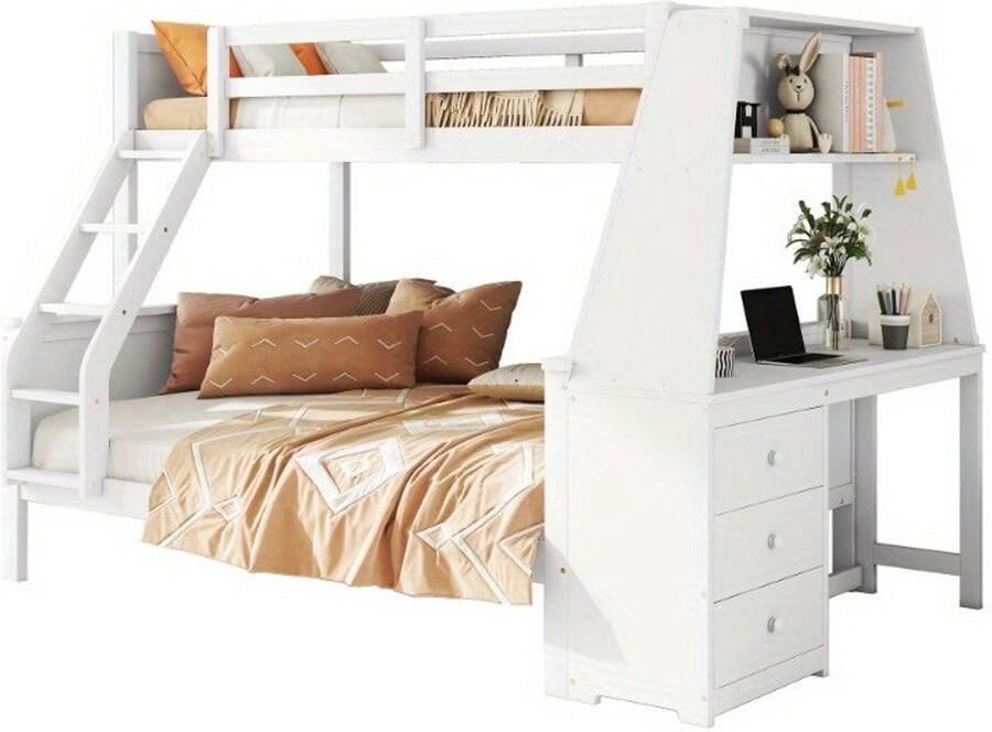 Corenia Stapelbed – Hoogslaper – Halfhoogslaper – Kinderbed – Multifunctioneel Bed – Wit – Met Bureau en Opbergruimte – 90x200 & 140x200 cm – Hoge Veiligheidsschuif