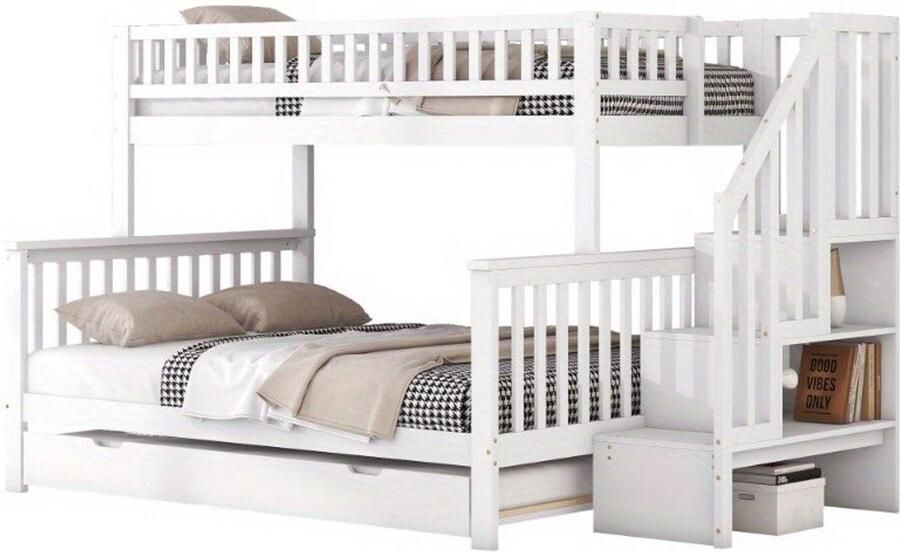 Corenia Stapelbed – Hoogslaper – Kinderbed – Etagebed – Bunkbed – Wit – Ruimtebesparend Ontwerp – Uitschuifladen Met Ladder – 140x200 & 90x200 cm – Lattenbodem – Eenvoudige Montage