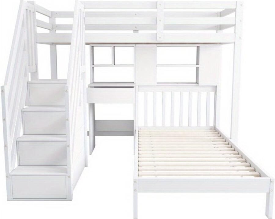 Corenia Stapelbed – Multifunctioneel Bed – Hoogslaper – Kinderbed – Tienerbed – Wit – Inclusief Bureau en Opbergruimte – 90x200 cm – Stevig Frame met Lattenbodem – Ruimtebesparend Design