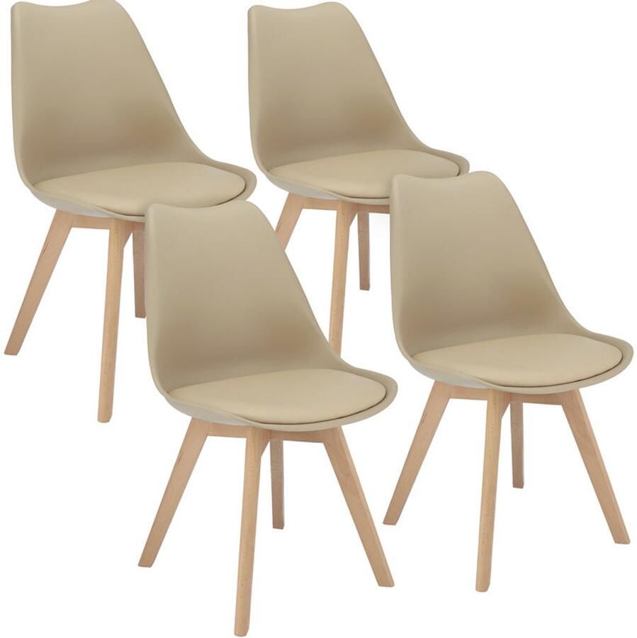 Corenia Stoel – Eetkamerstoel – Kuipstoel – Designstoel – Zithoekstoel – Scandinavisch Design – Beukenhouten Poten – Eco-Leren Kussen – Set van 4 – Beige