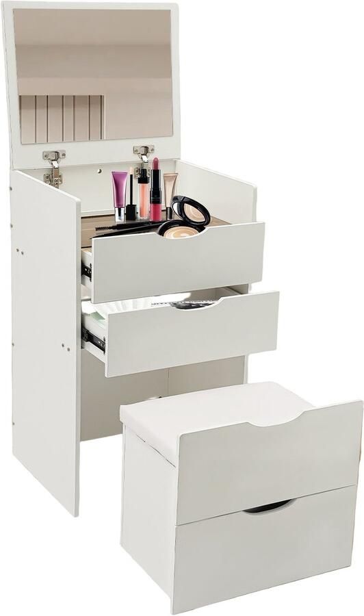 Corenia Toilettafel – Kaptafel – Make-up Tafel – Opmaaktafel – Dressing Table – Compact Ontwerp – Hout Met 3 Lades En Klapbare Spiegel – Crèmewit