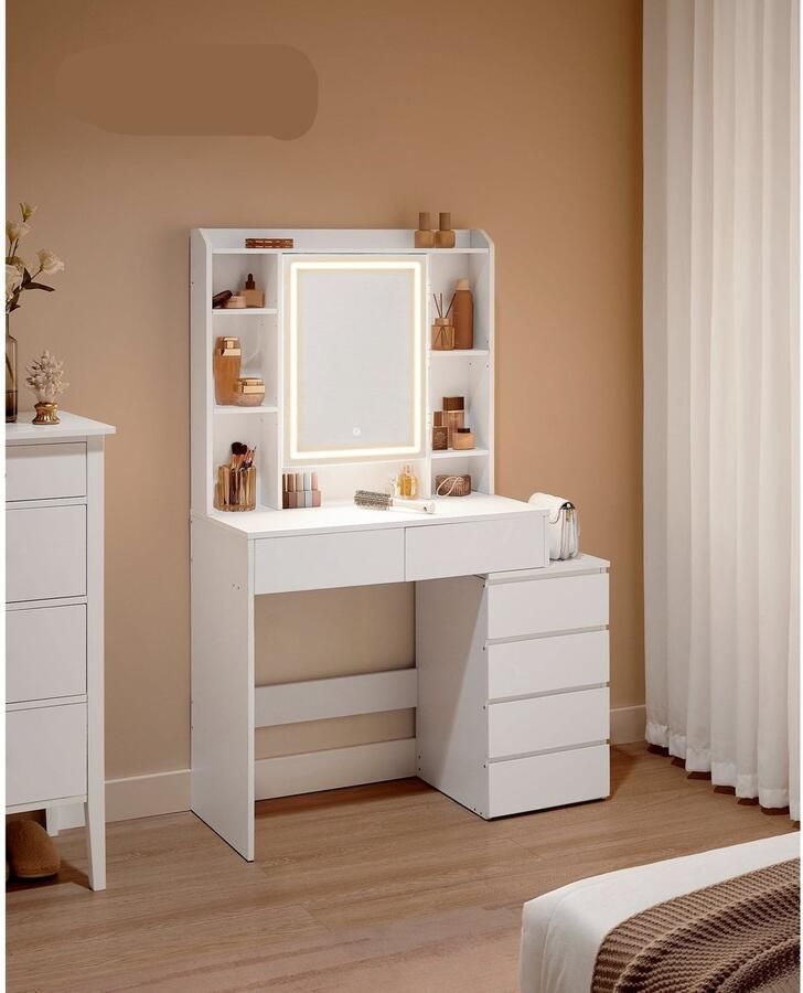 Corenia Toilettafel – Kaptafel – Make-up Tafel – Opmaaktafel – Dressoir – Verstelbare LED Verlichting – Wolkenwit MDF 40x97 5x145 cm