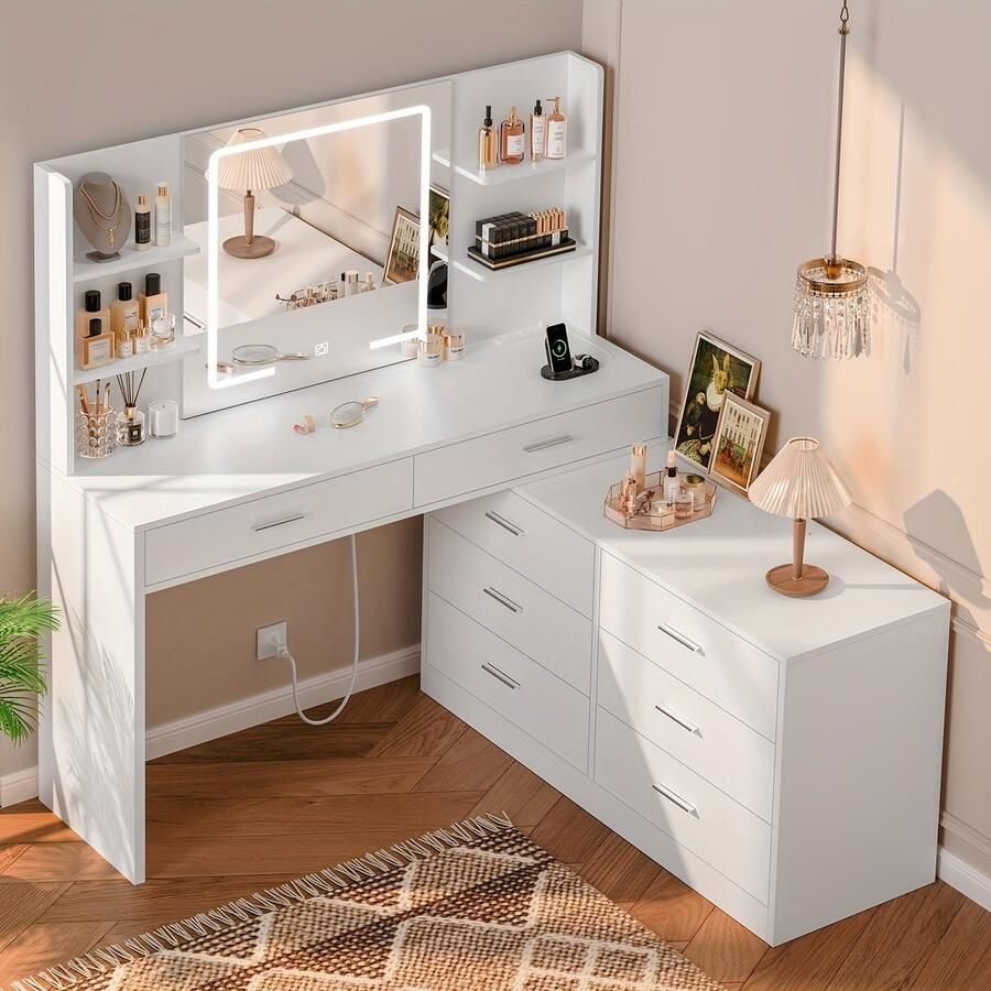Corenia Toilettafel – Kaptafel – Make-up Tafel – Opmaaktafel – Hoekmake-uptafel – Verlichte Spiegel – Ingebouwd Stopcontact – 8 Laden – Ruim Werkblad – Wit – Eenvoudige Montage