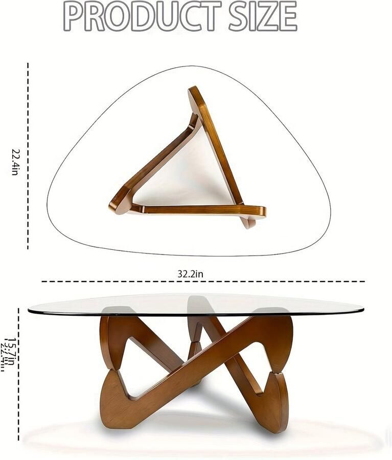 Corenia Triangle Salontafel – Salontafel Driehoek – Woonkamertafel – Koffietafel – Bijzettafel – Mid-Century Modern – Walnootkleurig Frame – Krasbestendig Gehard Glas – Eenvoudige Montage – Compact Ontwerp