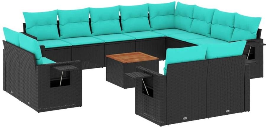 Corenia Tuinbank – Buitenbank – Tuinbankje – Tuinmeubel – Loungeset – Weerbestendig PE-rattan – Inklapbare Bijzettafeltjes – Acaciahouten Tafelblad – Wasbare Kussenhoezen – Zwart Blauw