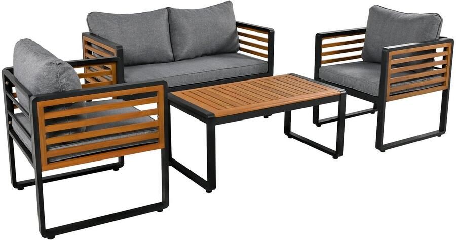 Corenia Tuinbankstel – Tuinmeubelset – Buitenbank – Loungeset – Verzinkt Stalen Frame – Acaciahouten Tafelblad – Comfortabele 7 Cm Kussens Grijs