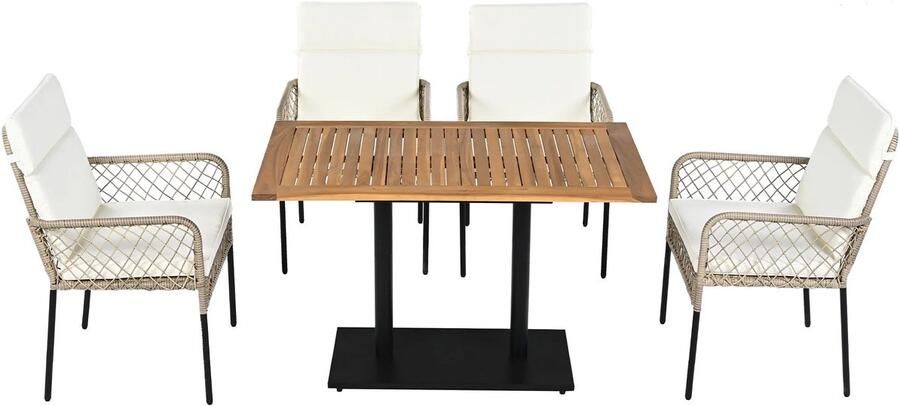 Corenia Tuinmeubelset 5-Delige Eettafelset – Tuinset – Balkonset – Terrasmeubilair – Buitentafel – Acaciahout – Polyrattan Stoelen Wit