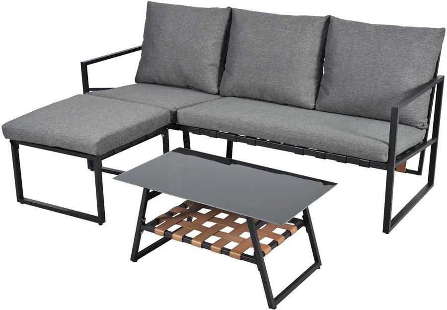 Corenia Tuinmeubelset – Hoekige Tuinmeubelset – Buitenmeubelen – Hoekbank – Tuinset – Balkonset – Gegalvaniseerd Stalen Frame – Glazen Tafelblad Grijs