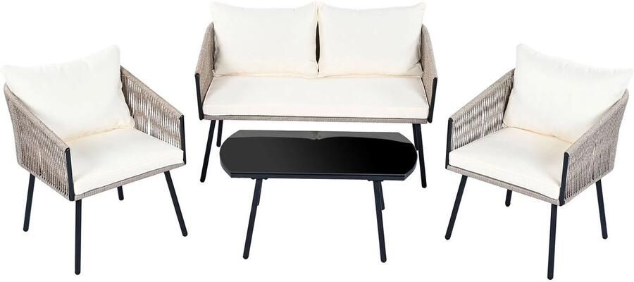 Corenia Tuinmeubelset – Loungeset – Tuinbank – Loungestoelen – Salontafel – Gegalvaniseerd Stalen Frame – Weerbestendig Touw Beige