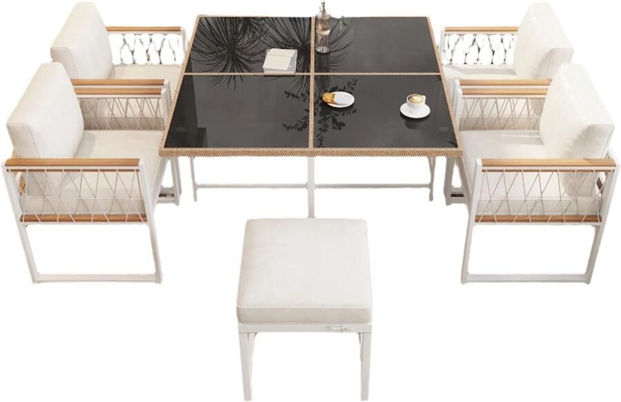 Corenia Tuinmeubelset Tuinset – Tafel Met Stoelen – 7-Delig – Buitenmeubel – Comfortabel – 118x118 Cm – Weerbestendig Stalen Frame Wit