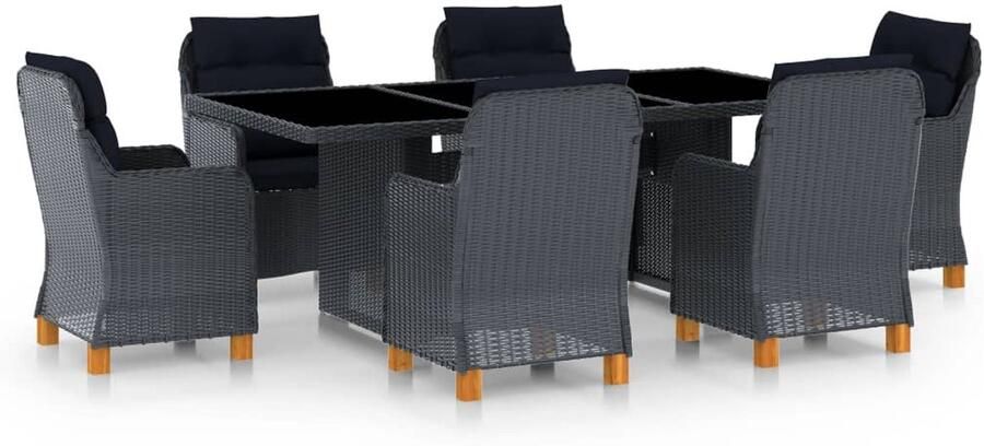 Corenia Tuinset – Dining Set – Buitenmeubelset – Tuinmeubilair – Eettafel met Stoelen – Weerbestendig PE-Rattan – Gepoedercoat Stalen Frame – Comfortabele Kussens – Donkergrijs Zwart