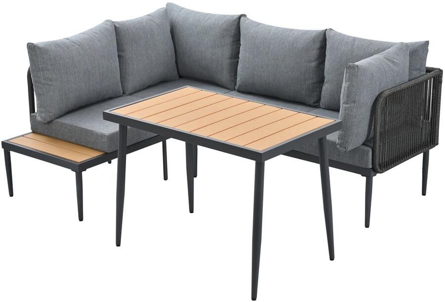 Corenia Tuinset – Hoekbank Tuinmeubel – Buitenmeubel – Terrasset – Verzonken Stalen Frame – Kunststof-Houten Tafelblad – Handgeweven Touwen