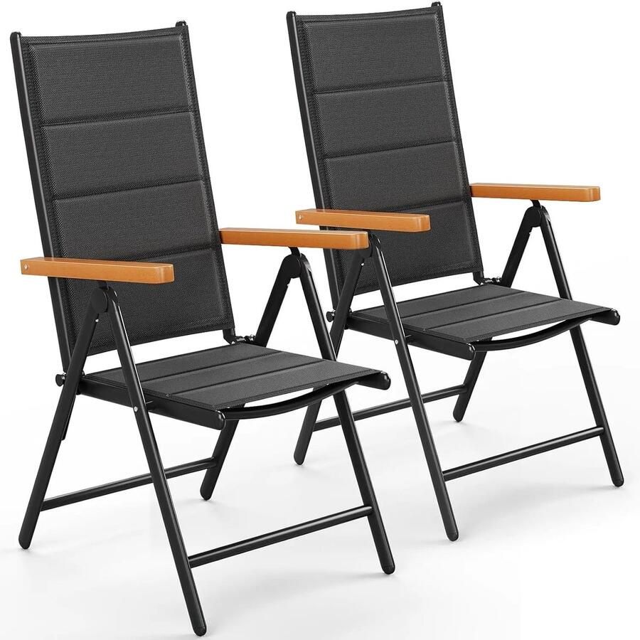 Corenia Tuinstoelen – Klapstoelen – Balkonstoelen – Tuinstoeltjes – Buitenstoelen – 7-voudig Verstelbare Rugleuning – Lichtgewicht Aluminium Frame Zwarte Teakhouten Armleuning