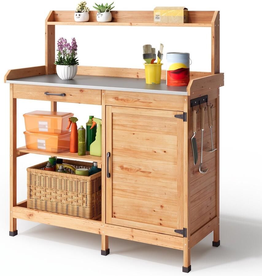 Corenia Tuinwerkbank – Werktafel Tuinieren – Plantentafel Met Opbergruimte – Tuinkast Met Planken – Werkbank Met Metalen Werkblad – Houtkleur Variant – Stevig Metalen Werkblad – Handige Zijhaken