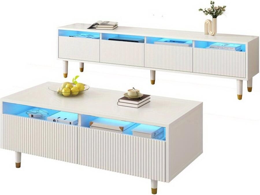 Corenia tv-meubel – tv-kast – media meubel – tv-dressoir – woonkamerset – MDF materiaal – 178x35x45 cm – wit met goud accenten