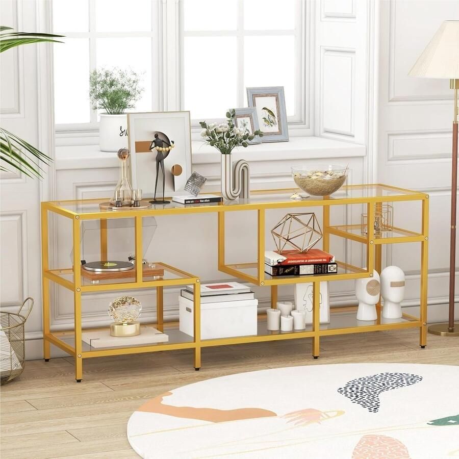 Corenia TV-meubel – TV-kast – Televisiemeubel – TV-standaard – Tv-dressoir – Met Gehard Glas – Stevige Metalen Constructie – Geschikt Voor TV s Tot 65 Inch – Gouden Kleur – 147x40x62 cm