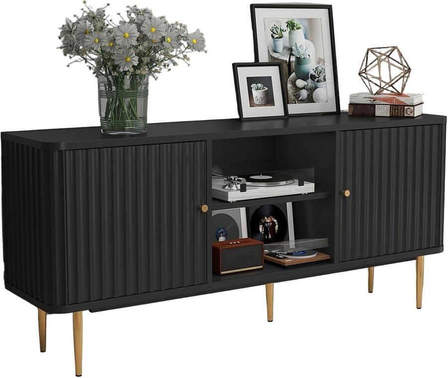 Corenia Tv Meubel – TV Kast – Tv Dressoir – Media Meubel – Entertainment Meubel – Zwart – 139 7 cm Breed – 2-Deurs Opbergruimte – Open Planken – Duurzaam Hout – Eenvoudige Montage