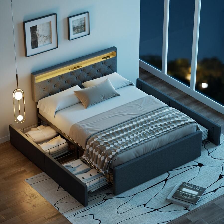 Corenia Tweepersoonsbed – Bed Met Opbergruimte – Gestoffeerd Bed – Bedframe – Opbergbed – Multifunctioneel Gestoffeerd Bed – 137×190 cm – LED Sfeerlicht & Ingebouwde Speakers