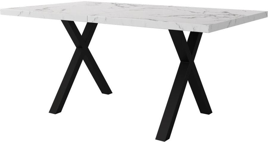 Corenia Uitbreekbare Eettafel – Uitklapbare Tafel – Verlengbare Tafel – Woonkamer Tafel – Keuken Tafel – Marmerlook Blad – Zwarte Metalen Poten – 140x80x76 cm – Wit MDF