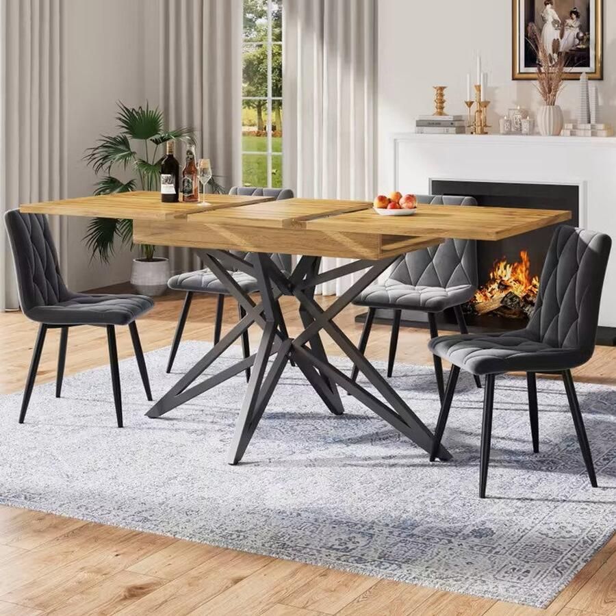 Corenia Uitbreidbare Eettafel – Verlengbare Tafel – Keukentafel – Ontbijttafel – Uitschuifbare Tafel – Walnoot MDF Blad – Zwarte Stervormige Metalen Poot