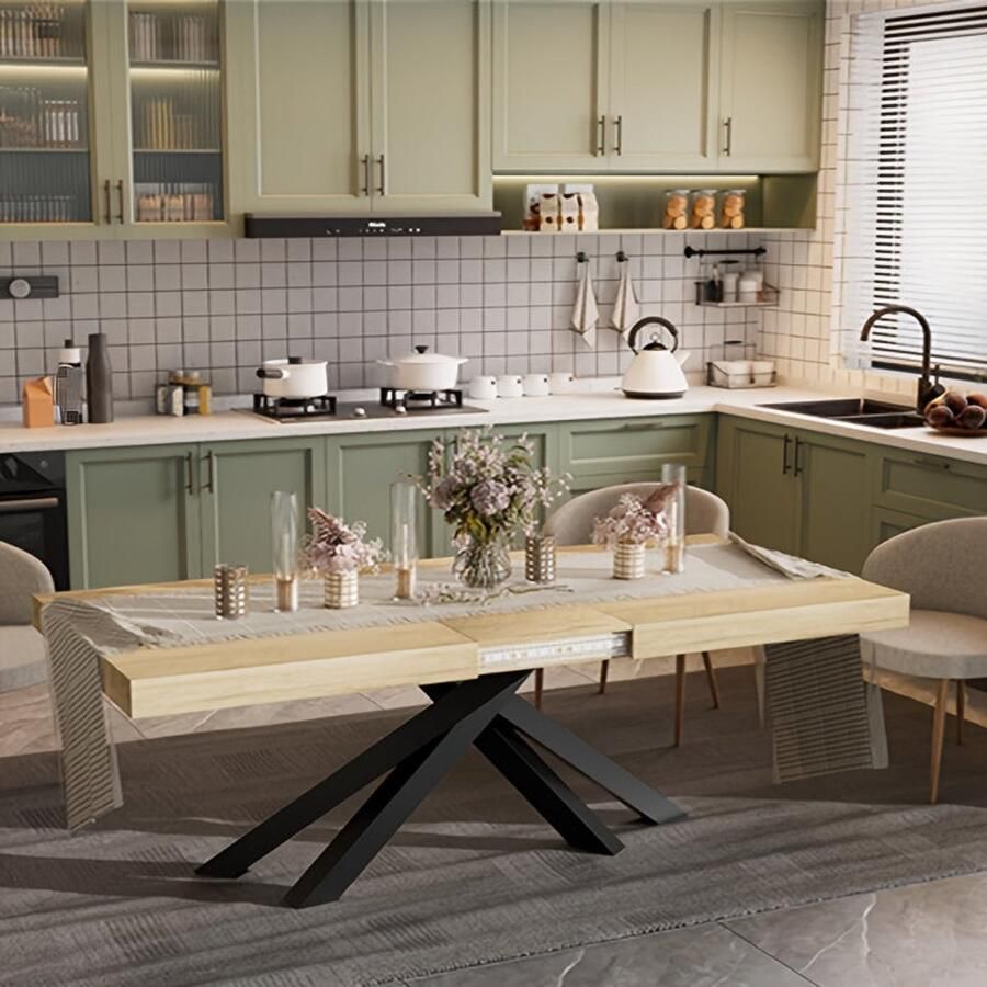 Corenia Uitbreidbare Eettafel – Vouwtafel – Uitschuiftafel – Keukentafel – Tafel Met Opbergruimte – Industrieel Design – 120-150 cm – X-Vormige Metalen Poten – Bruin Houten Blad