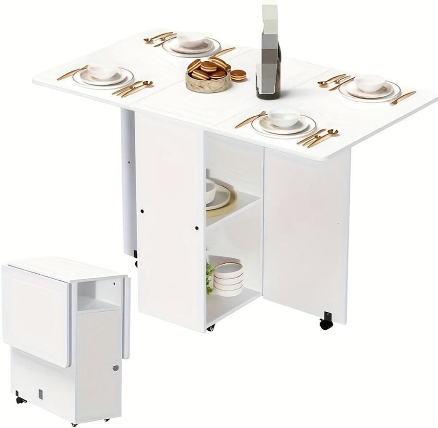 Corenia Uitklapbare Eettafel – Uitschuifbare Tafel – Klaptafel – Verlengbare Keukentafel – Mobiele Eettafel – Ruimtebesparend Design – Metaal Met Wieltjes En 110x70x79 cm