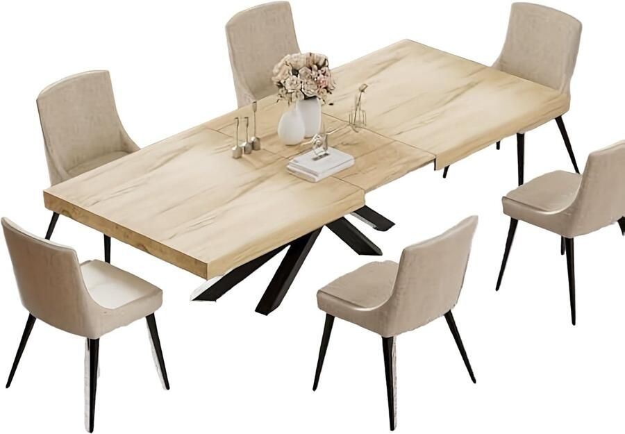 Corenia Uitklapbare Eettafel – Uitschuifbare Tafel – Opklapbare Eettafel – Verlengbare Keukentafel – Industriële Eettafel – Geel Industrieel Design – 120-150 cm Met Metaal X-Poot