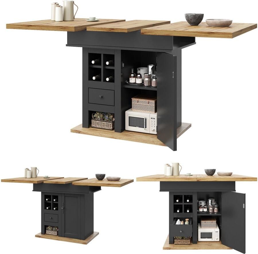 Corenia Uitklapbare Eettafel – Uitschuiftafel – Vouwtafel – Keukentafel – Moderne Tafel – Met Wijnrek en Lade – Ruimtebesparend Design – Hoogwaardig MDF en Metaal