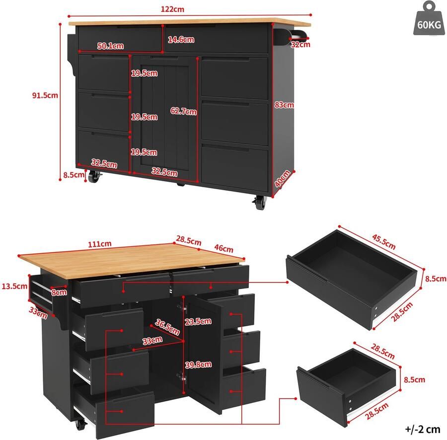 Corenia Uitklapbare Tafel – Keukentafel – Werkbank – Werktafel – Mobiele Werktafel – 8 Lades – Verstelbare Plank – 60 Kg Draagvermogen 122 × 74.5 × 91.5 cm Zwart