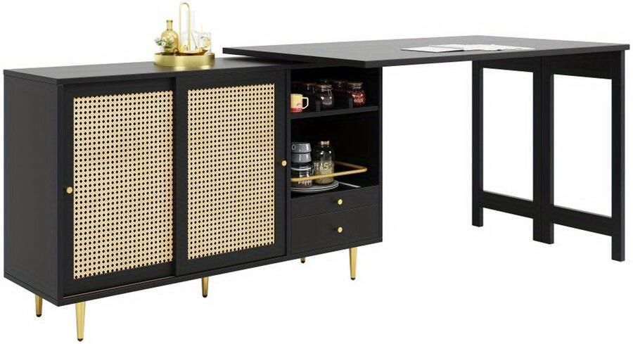 Corenia Uitklaptafel – Klaptafel – Vouwtafel – Bartafel – Eettafel – 360° Draaibaar – Uitschuifbaar Met Opbergruimte Rieten Deuren – Compact Modern Design – Duurzaam Niet-Hout Materiaal