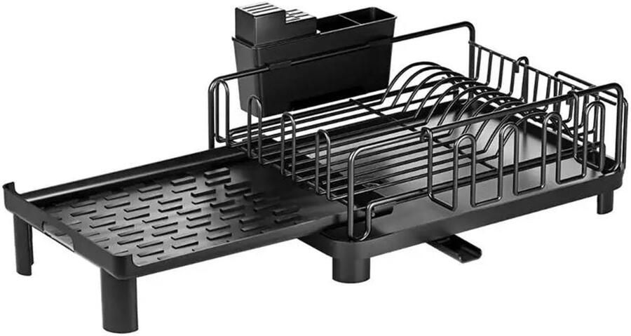 Corenia Uitschuifbaar Afdruiprek RVS Met Bestekhouder Automatische Waterafvoer & Ruimtebesparend Ontwerp Afdruiprek Uitschuifbaar afdruiprek Met Houder voor Keukengerei Keukenorganizer 2-Laags Zwart Multifunctioneel Opbergrek voor Gootsteen