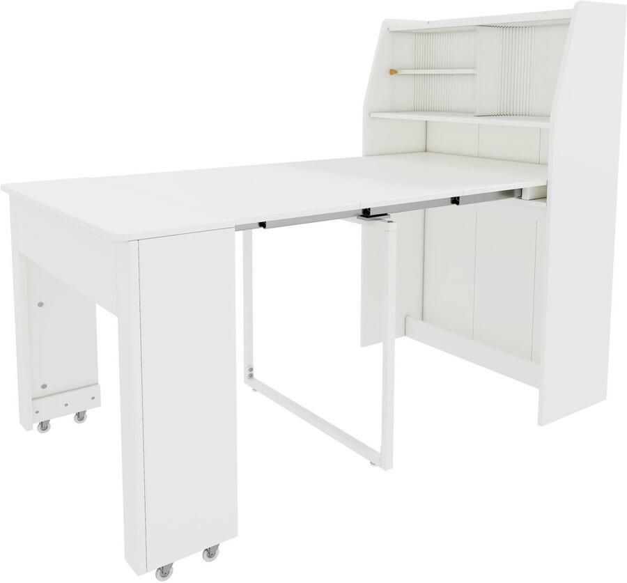 Corenia Uitschuifbare Eettafel – Verstelbare Tafel – Uitklapbare Tafel – Opbergtafel – Multifunctionele Eettafel – Wit Spaanplaat – Lengte 52-132 5 cm – Met Opbergruimte