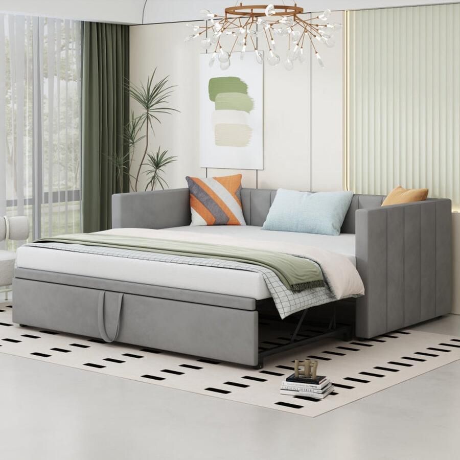 Corenia Uitschuifbare Gestoffeerde Slaapbank – Slaapbank – Divanbed – Bankbed – Logeerbed – Lichtgrijs – 90x200 tot 180x200 cm – Lattenbodem geïntegreerd