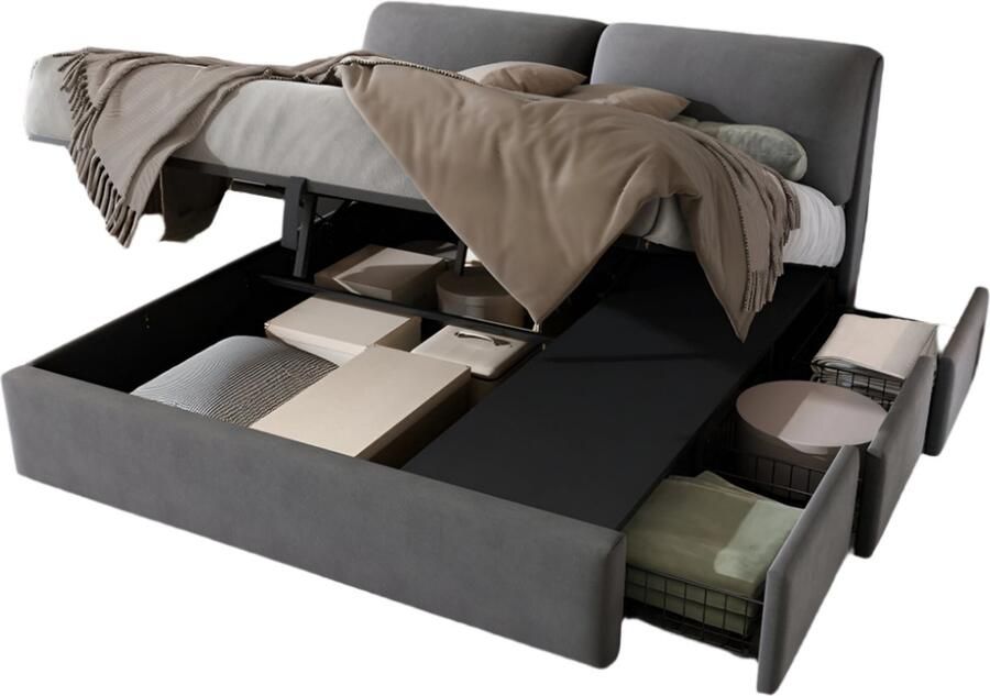 Corenia Velours Bed – Slaapbed – Opbergbed – Eenpersoonsbed – Houten Bedframe – Hydraulisch Opbergvak – 160x200 cm – Grijs